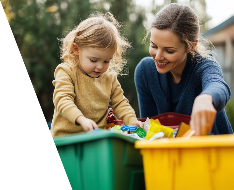 Woman And Child Recycling Items in a Green and Yellow Bins